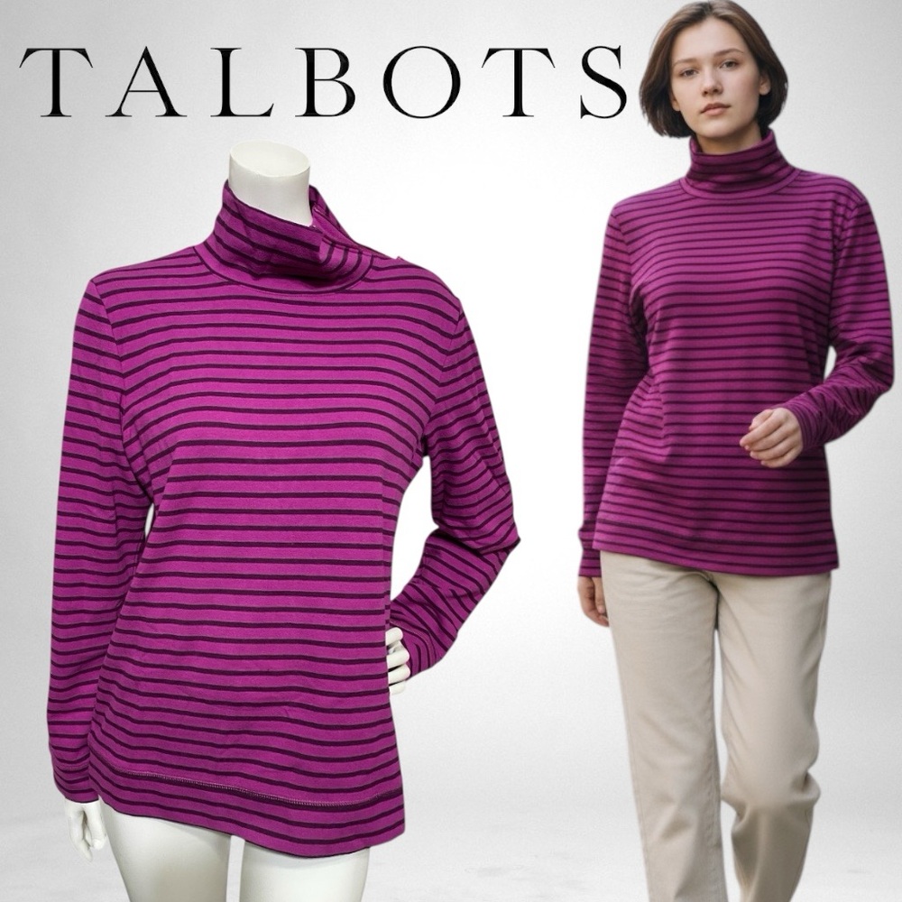 TALBOTS Purple Striped Asymmetrical Zip Mockneck Pullover Sweatshirt Top Small